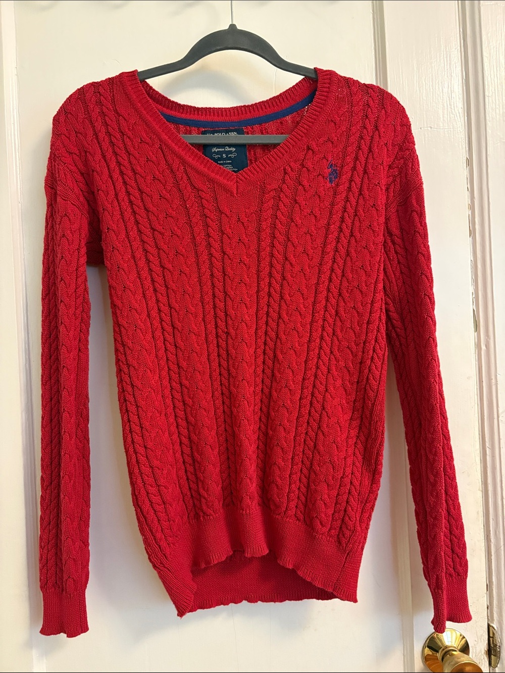 Ralph Lauren Bright Red Cable-Knit V-Neck Sweater - Women's